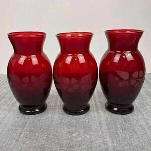 Vintage Art Glass Bud Vase Set of 3 Small Ruby Red Etched Floral Vases Decor